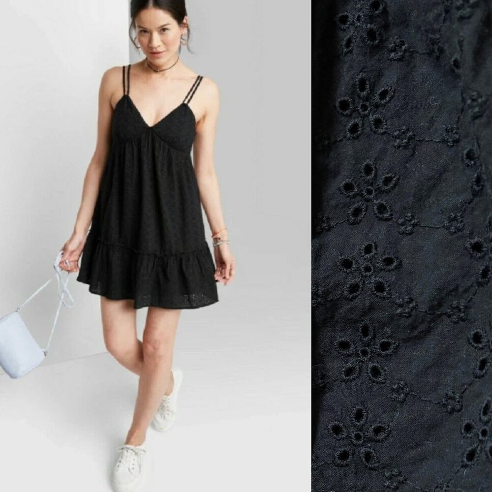 Wild Fable Black Eyelet Babydoll Mini Dress Womens Extra Small 90s Feminine Goth